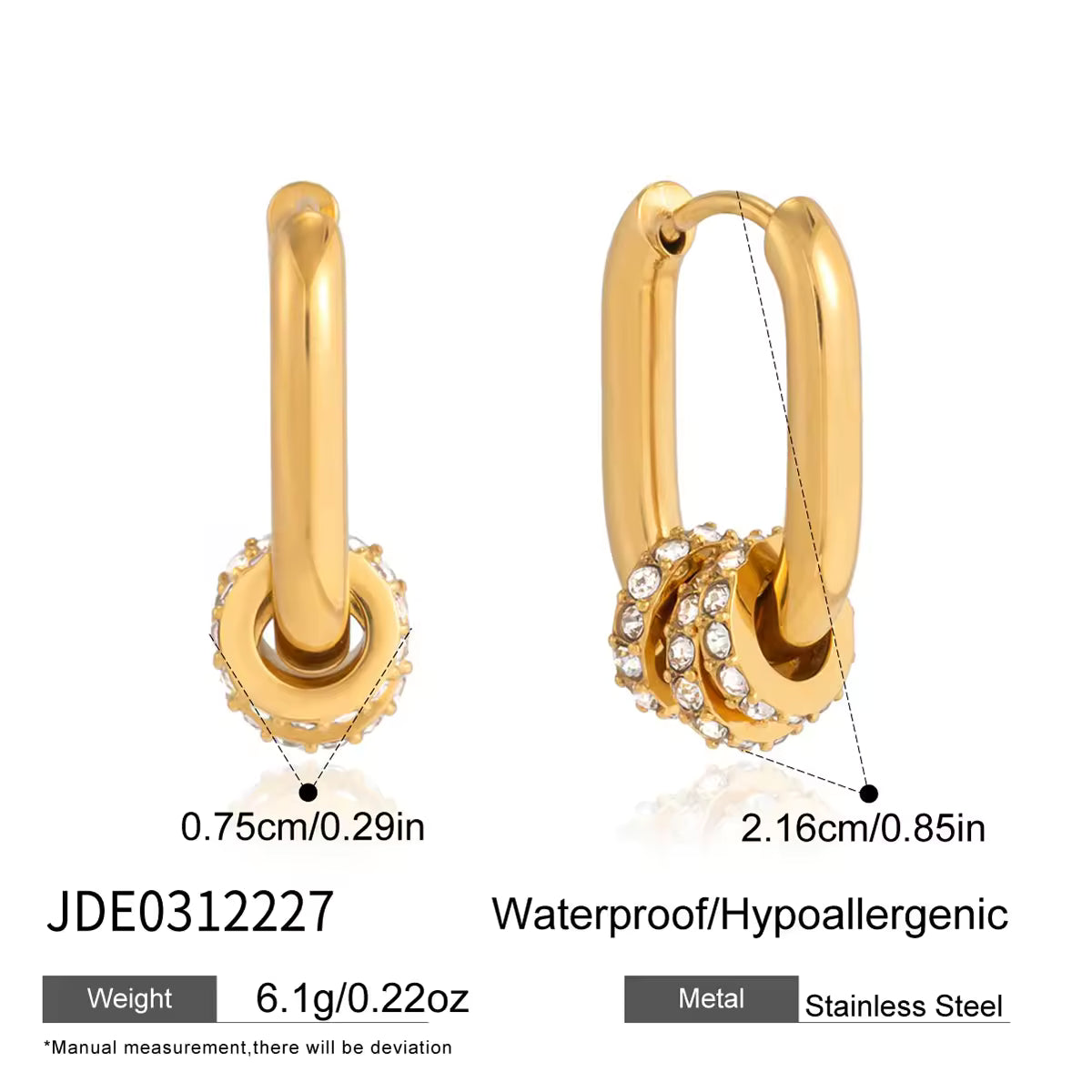 18K Gold Plated Stainless Steel U Shape Rhinestone Hoop Earrings Women Hypoallergenic Waterproof Classic Elegant Jewelry