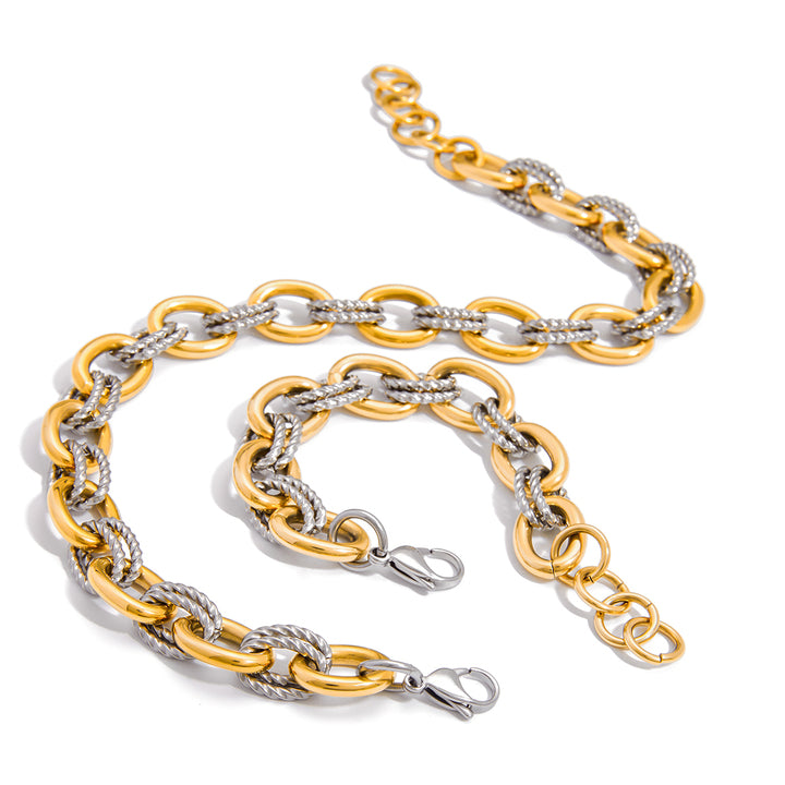 J&D Minimalist 18K Gold and Stainless Steel Two Tone Color Matching Oval Smooth Twist Bracelets Necklaces
