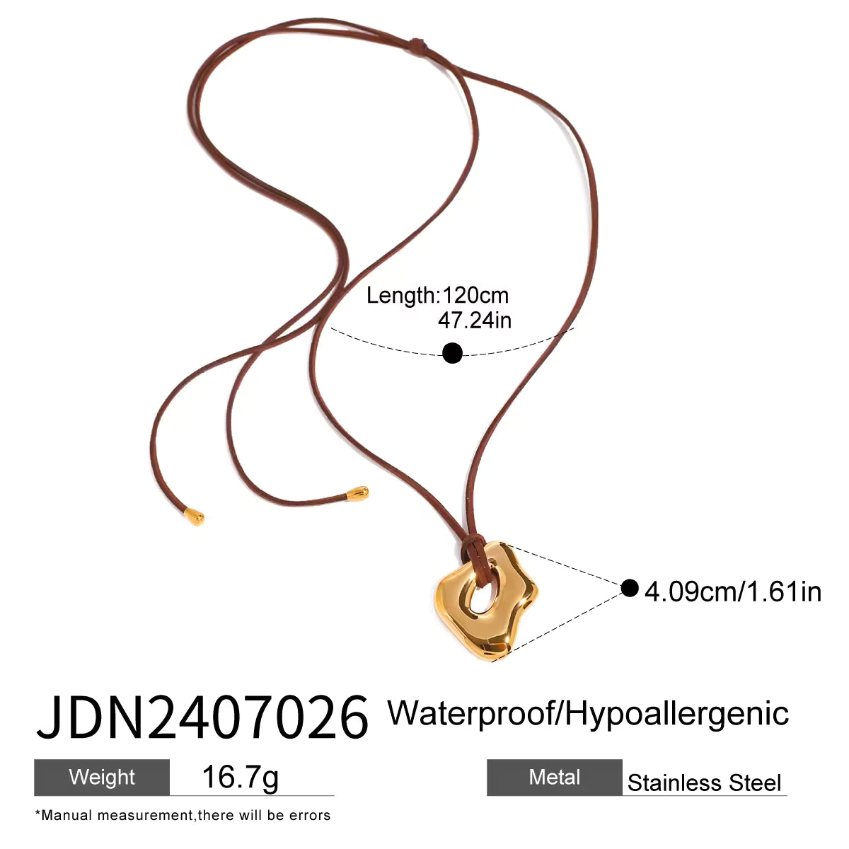 18k Stainless Steel Irregular Liquid Gloss Hollow Pendant Brown Velvet Necklace Unique Fashion 120cm