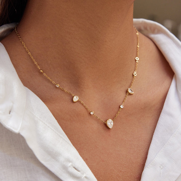 J&D 18K PVD Gold Plate Stainless Steel Necklace Trendy Classic White Teardrop-shaped Zircon Necklace