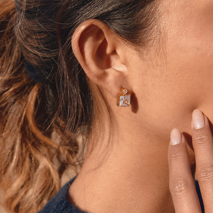 J&D Elegant Mixed Shape CZ Stud Earrings Teardrop and Rectangular Geometric Design 18K Gold Plated Stainless Steel Earrings