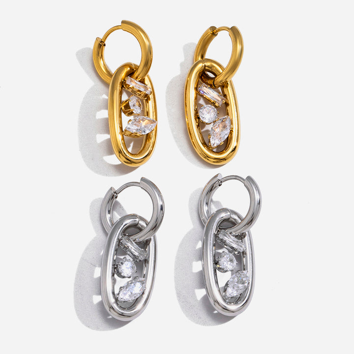 J&D Elegant Steel Earrings White Zircon Geometric Double Hoop Interlocking Waterproof Hypoallergenic Tarnish Free Jewelry