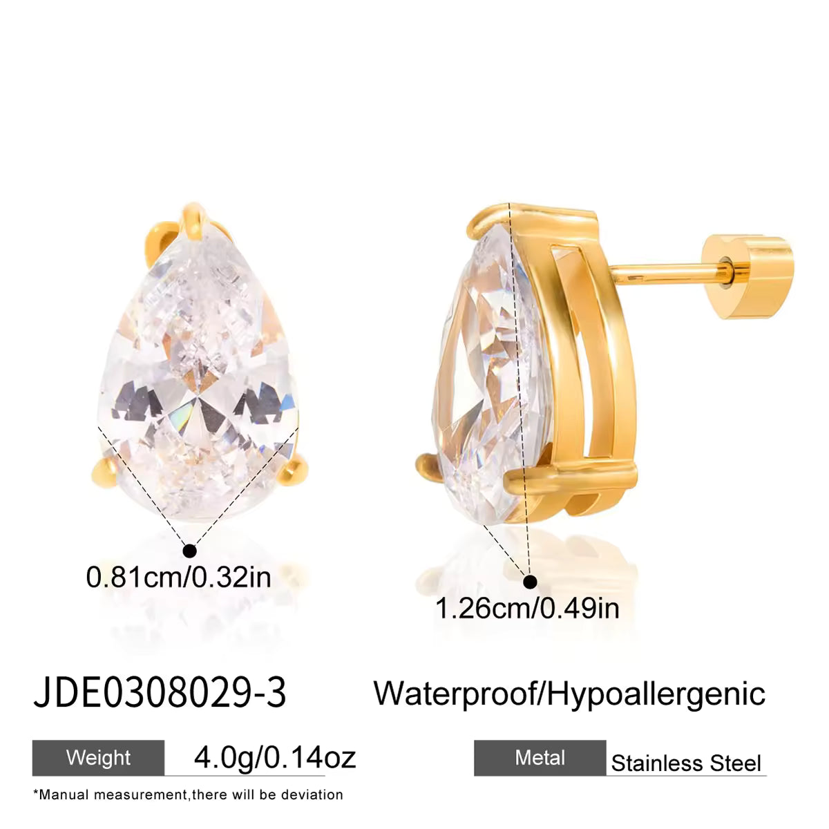 Classic Stud Earring Jewelry for Women Stainless Steel Large Zircon Semi-precious Stone Solitaire Diamond Earring