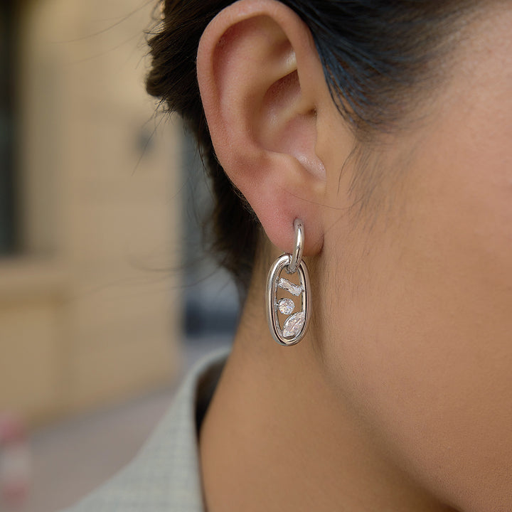J&D Elegant Steel Earrings White Zircon Geometric Double Hoop Interlocking Waterproof Hypoallergenic Tarnish Free Jewelry