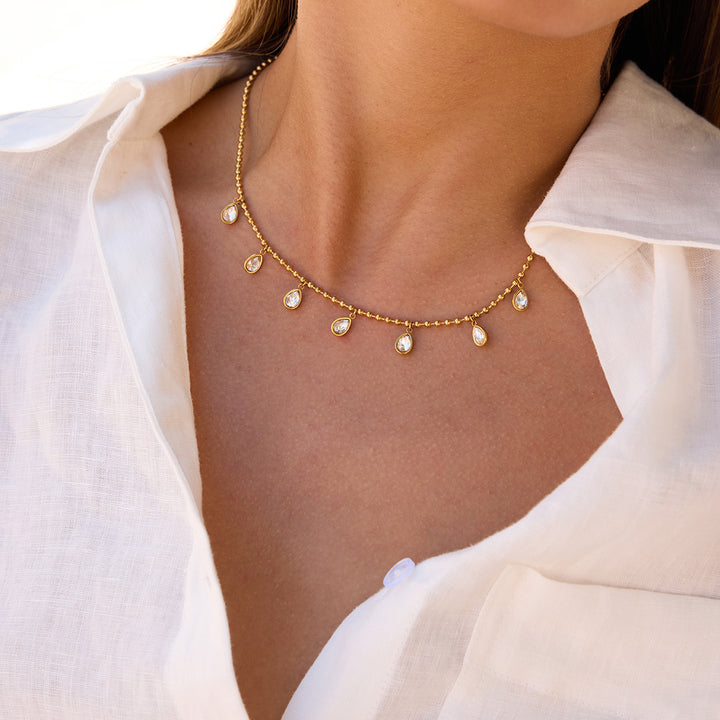 J&D 18K PVD Gold Plate Stainless Steel Necklace Trendy Classic Teardrop-shaped Zircon Pendant Necklace