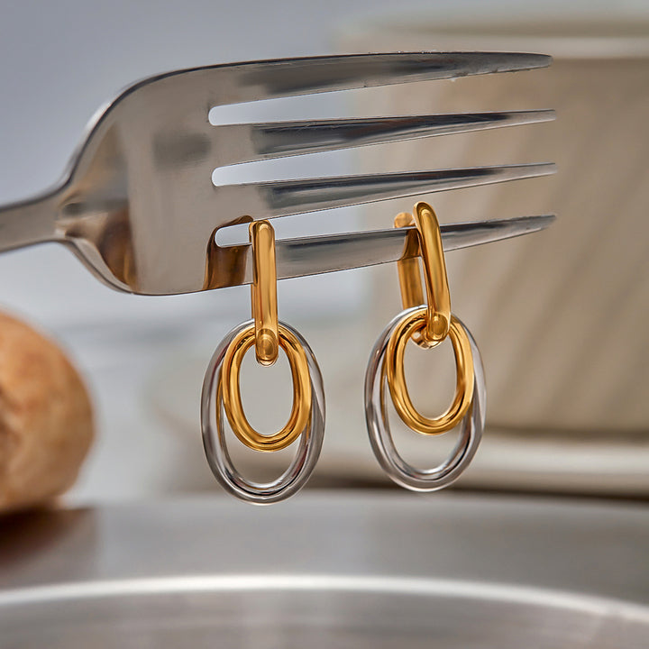 J&D Minimalist Two Tone Two Hoop Ring Dangle Earring for Women Stainless Steel Jewelry Fashion