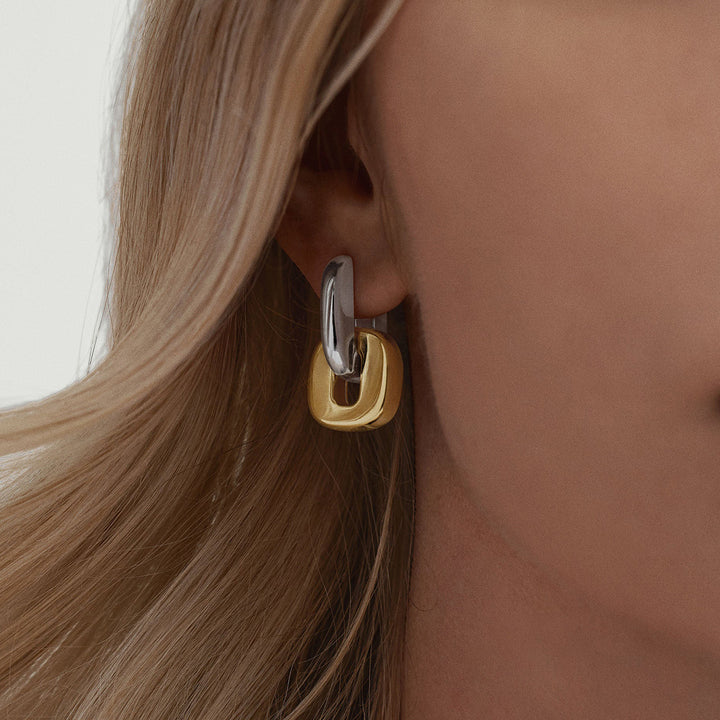 J&D Modern Minimalist Two-Tone Oval Earrings 18K Gold Stainless Steel Geometric Stackable Dainty Jewelry for Women
