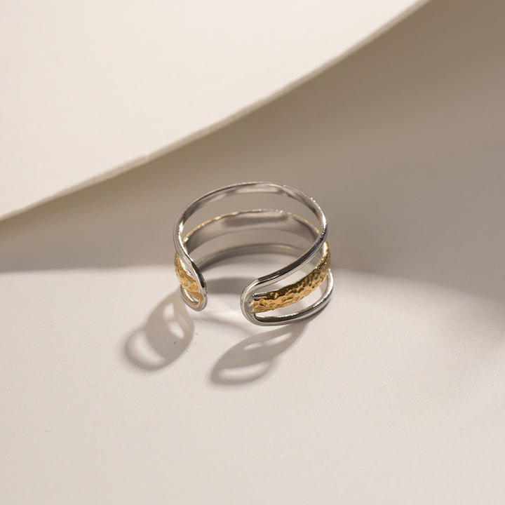 Waterproof 18k Gold Plated Stainless Steel Jewelry Hollow Three Layer Opening Texture Rings for Women