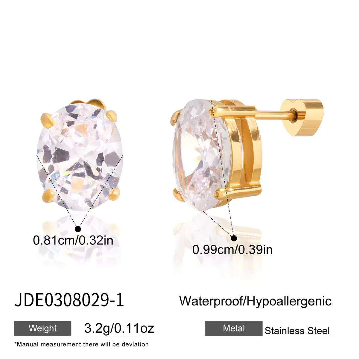 Classic Stud Earring Jewelry for Women Stainless Steel Large Zircon Semi-precious Stone Solitaire Diamond Earring