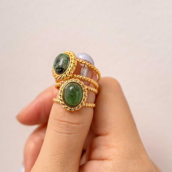 J&D Jewelry Natural Stone African Turquoise Agate Rope Sun 18K Gold Plated Stainless Steel Opening Rings