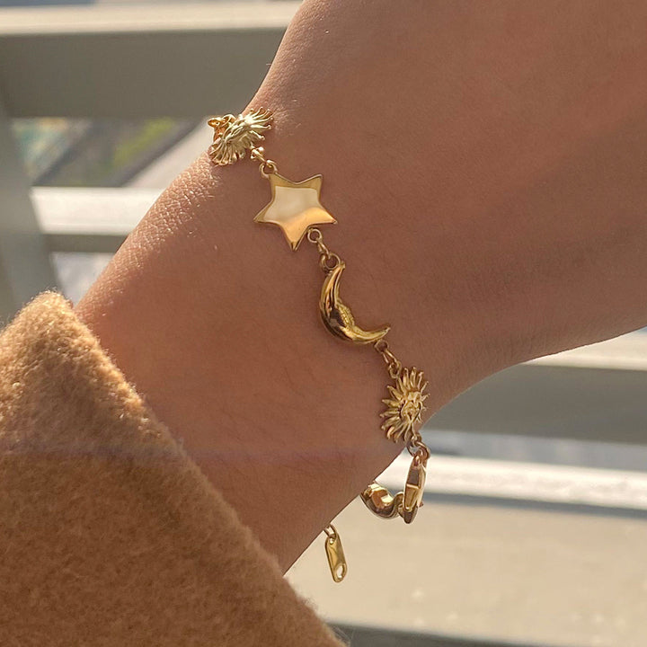 J&D Women's Fashionable Star and Sun Shaped Chain Link Bracelet Soft Material Embossing Enamel Jewelry Charm