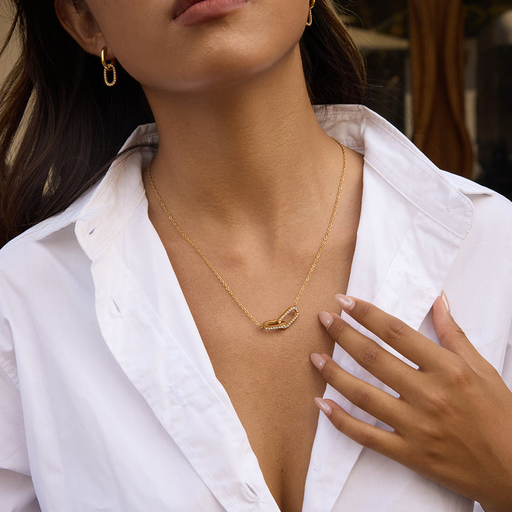 J&D 18K Gold Plate Stainless Steel Necklace Classic Zircon Oval Geometric Interlocking Pendant Necklace