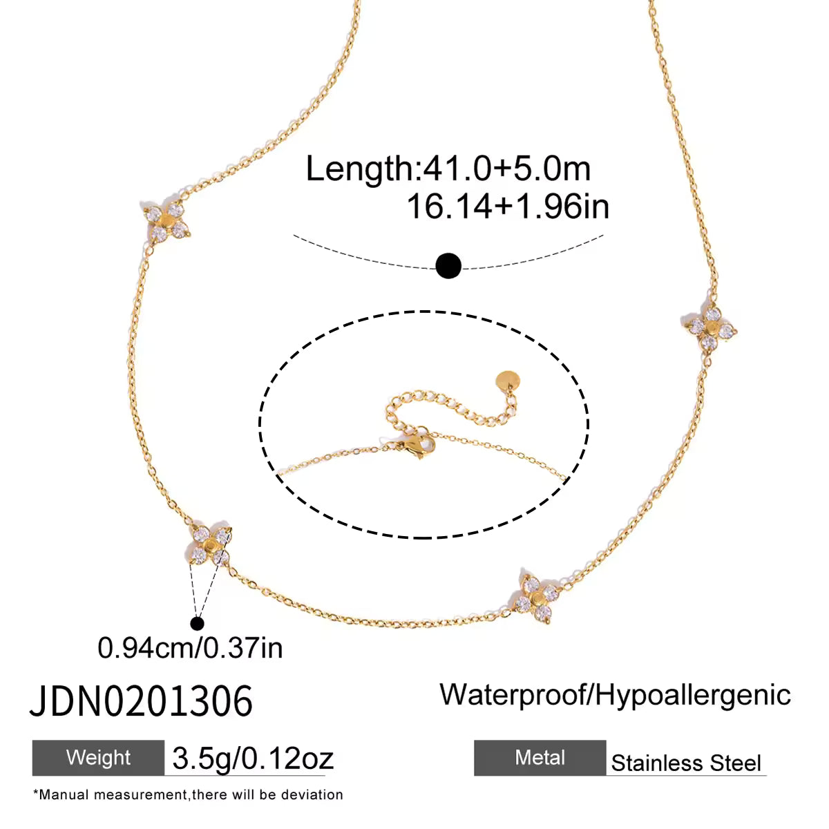 Classic Style 18K Gold Stainless Steel White Zircon Flower O-chain Necklaces