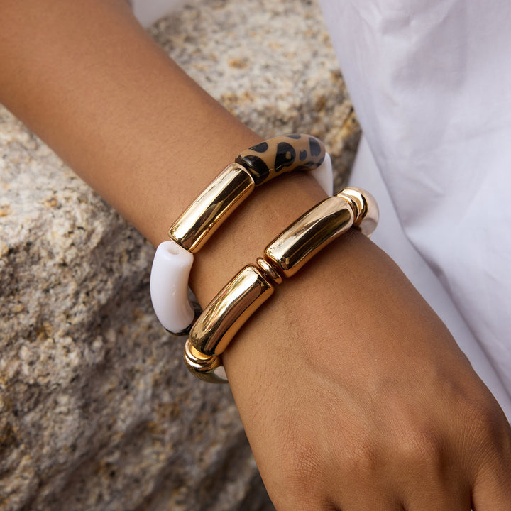 J&D Vintage Resin Bamboo Bangles UV Gold Plated Leopard Amber Resin Bamboo Joint Bangle Bracelets 2pcs Set