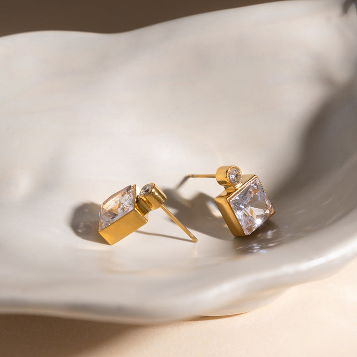 J&D Elegant Mixed Shape CZ Stud Earrings Teardrop and Rectangular Geometric Design 18K Gold Plated Stainless Steel Earrings
