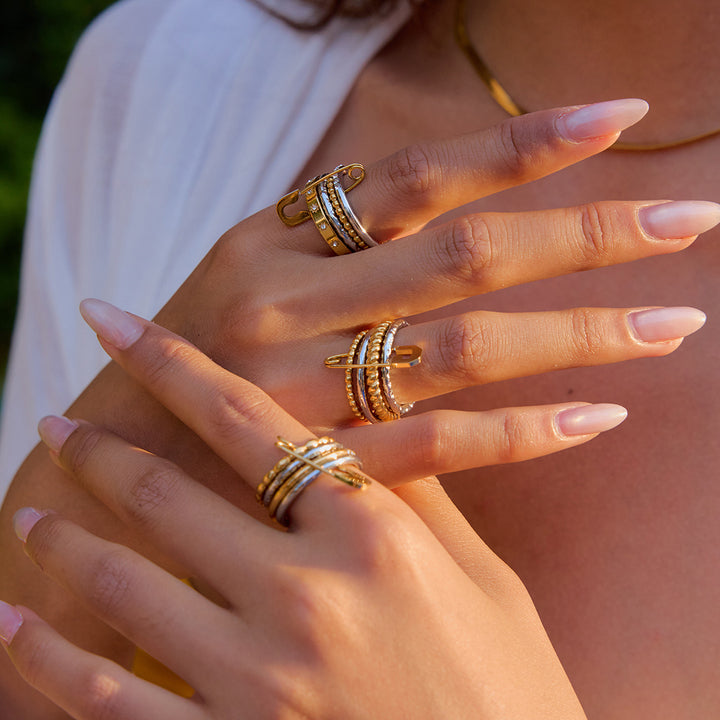 J&D 18K Gold Plate Stainless Steel Rings Classic Gold and Silver Twist Paper Clip Multi-layer Stacking Rhinestone Ring