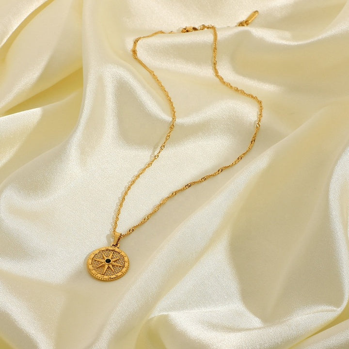 Trendy Titanium Steel Necklace 18K Gold Plating Stainless Steel Round Octagon Signet Black Diamond Necklace