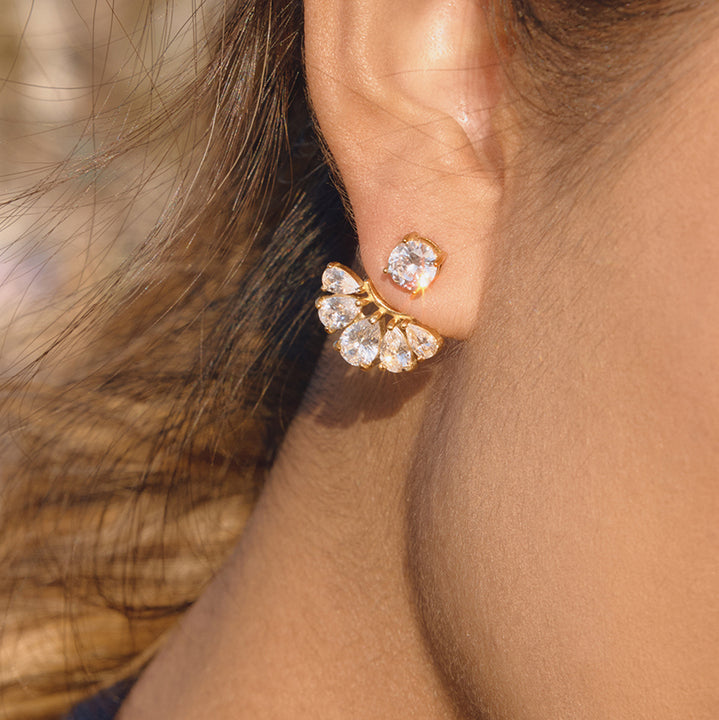 J&D Classic Elegant Water Drop Zircon Earring 18K Gold Plated Stainless Steel Zirconia Circle Detachable Fan Jackets Earrings