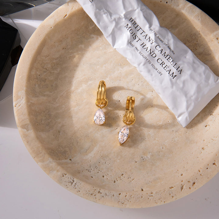 J&D Classic Zircon Earring 18k Gold Plated Stainless Steel White Water Drop Zirconia Horse Eye Zircon Earring