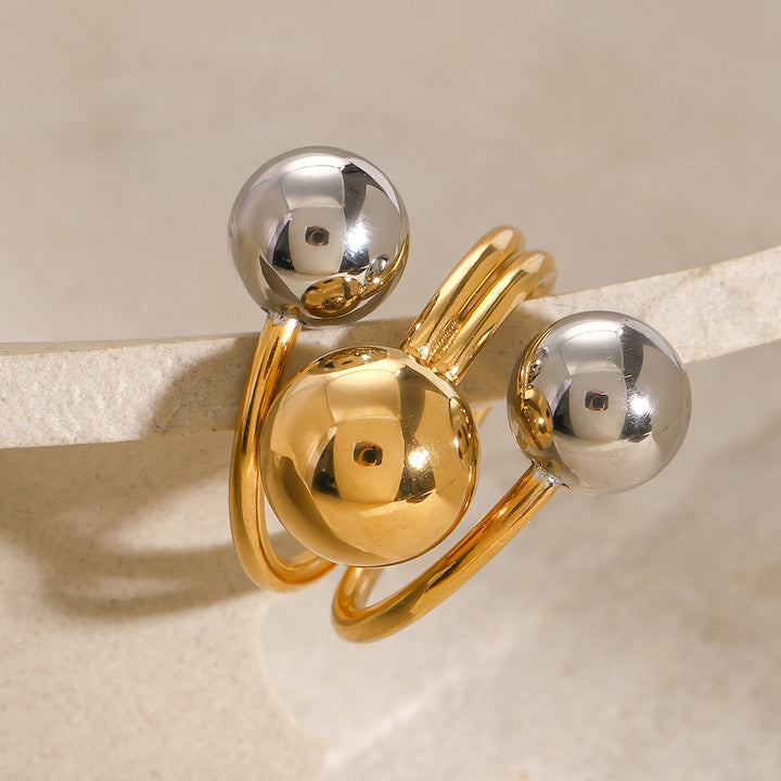J&D Minimalist 18k Gold Stainless Steel Two Tone Mixed Color Three Layer Line Steel Ball Open Rings