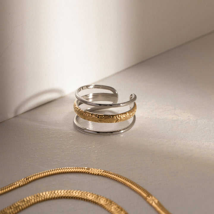 Waterproof 18k Gold Plated Stainless Steel Jewelry Hollow Three Layer Opening Texture Rings for Women