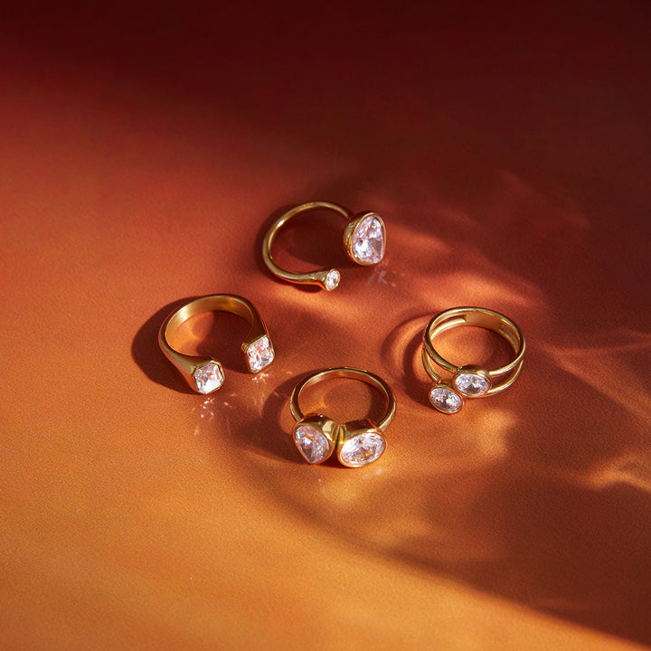 J&D Elegant 18K Gold Plated Stainless Steel Ring Adjustable Open Rings Large Cubic Zirconia Geometric Finger Jewelry for Women