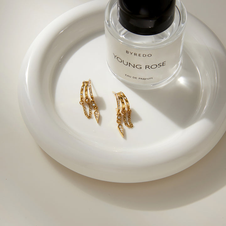 J&D Delicate Tassel Earring 18K Gold Stainless Steel Crystal Three Layer Hollow CC Chain Tassel Cone Shaped Earrings