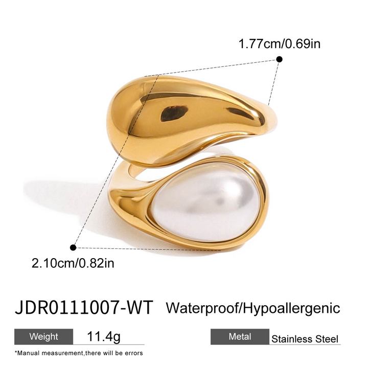 J&D Elegant Style Faux Pearl Drop Ring 18K Gold Stainless Steel Waterdrop Inlaid Minimalist Fashion Open Ring for Women