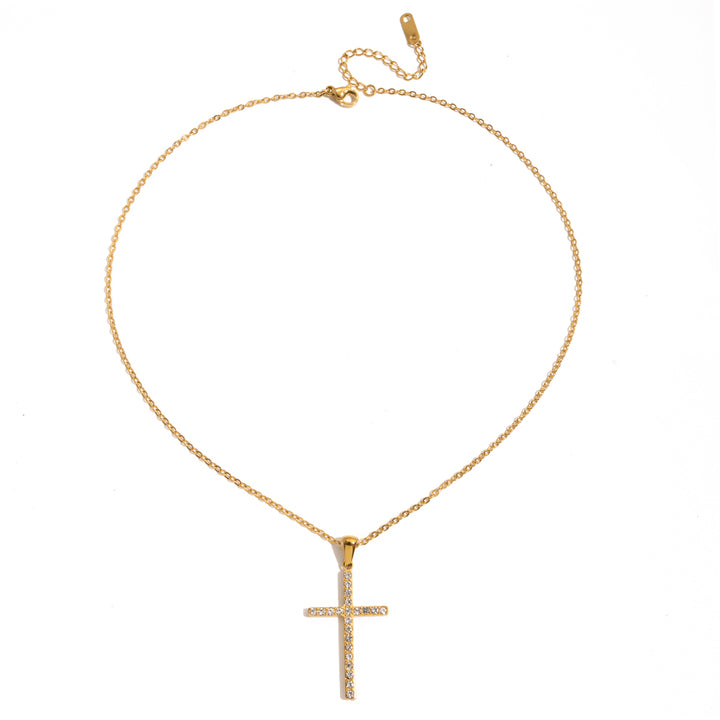 J&D Jewelry Waterproof Stainless Steel 18K PVD Gold Plating Cable Chain White Transparent Pave Cross Necklace
