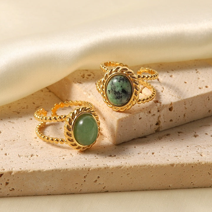 J&D Jewelry Natural Stone African Turquoise Agate Rope Sun 18K Gold Plated Stainless Steel Opening Rings