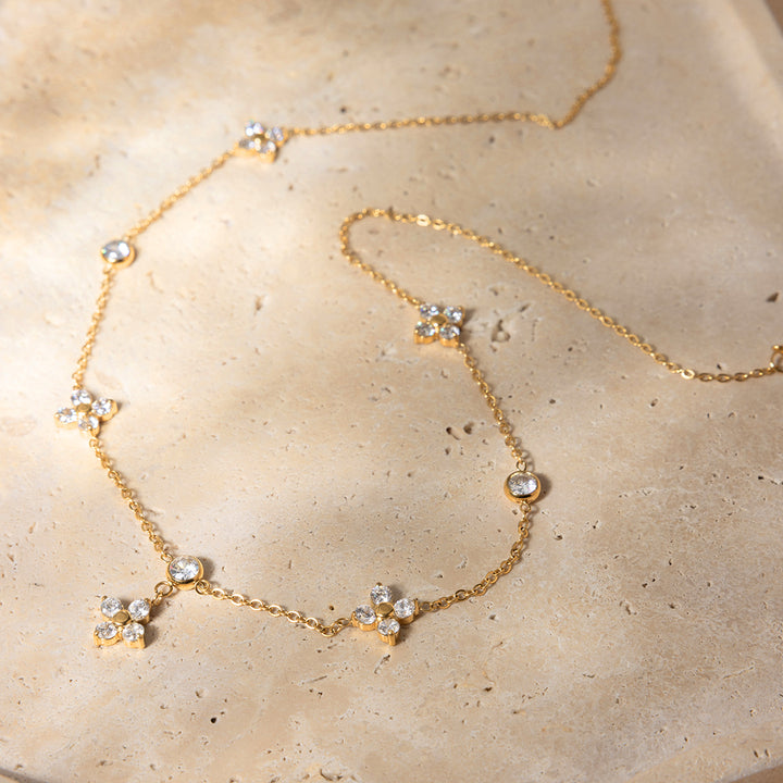 J&D 18K PVD Gold Plate Stainless Steel Necklace Trendy Classic White Zircon Four-leaf Clover Necklace