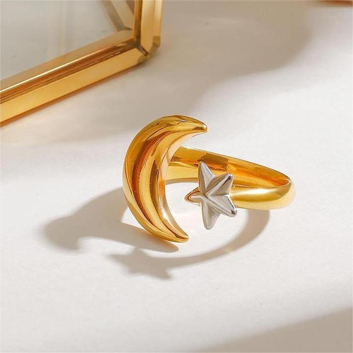 J&D Modern 18K Gold Plated Stainless Steel Ring Trendy Moon Star Two Tone Design for Daily Wear and Anniversary Occasions