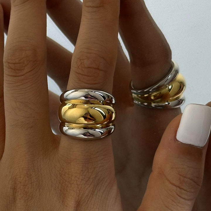 J&D Two-Tone Layered Ribbed Ring 18k Stainless Steel Chunky Gold Silver Mixed Design Rings
