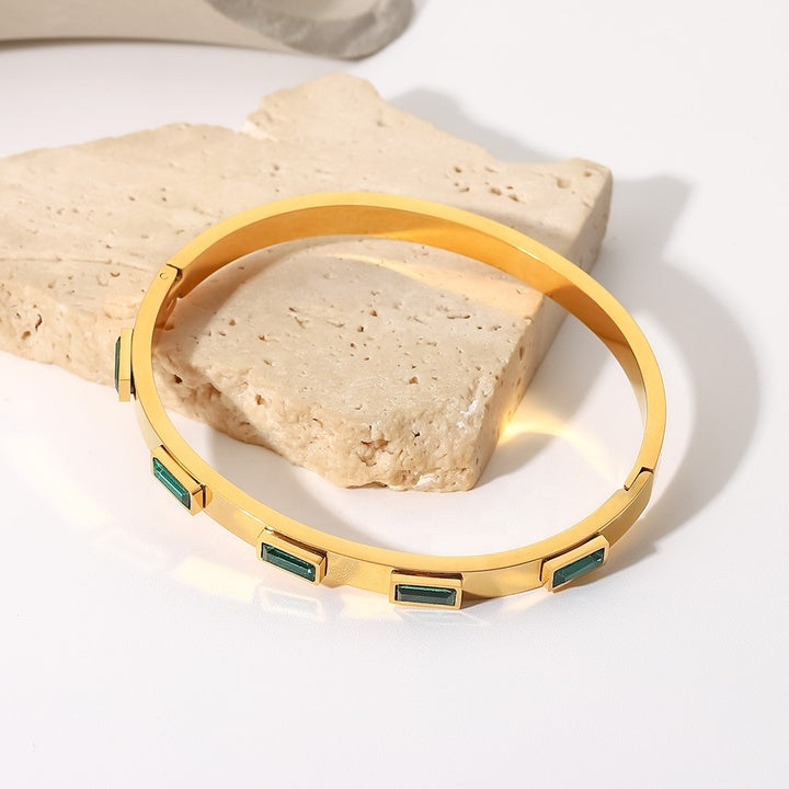 18k Gold Plated Green Cubic Zirconia Bezel Setting Dainty Stainless Steel Bangles for Women As Gift