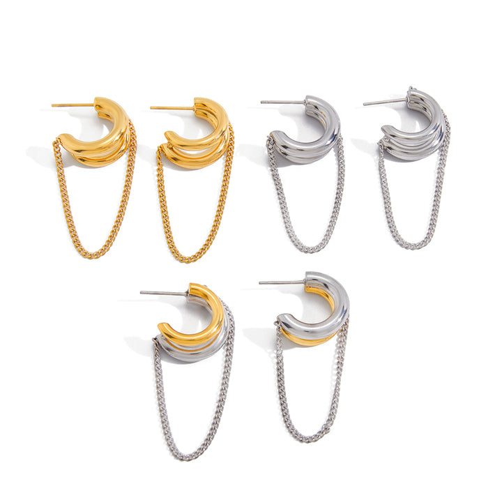 J&D Classic Minimalist Stainless Steel Earring Fashion Stylish Gold Two Tone Tassel Line Hoop Earrings