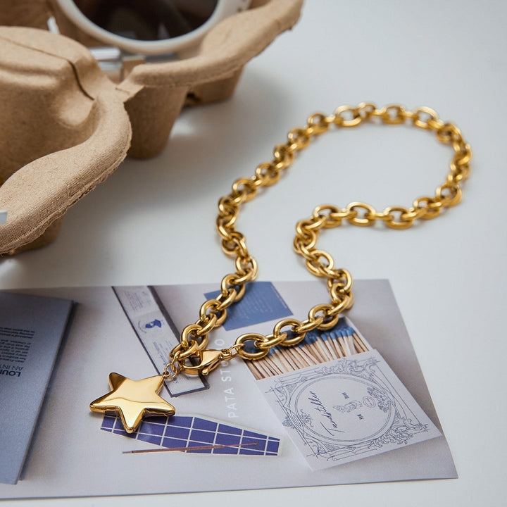 J&D 18k Gold Plated Stainless Steel Classic Style Polished Star Cute Glossy Pendant Necklace