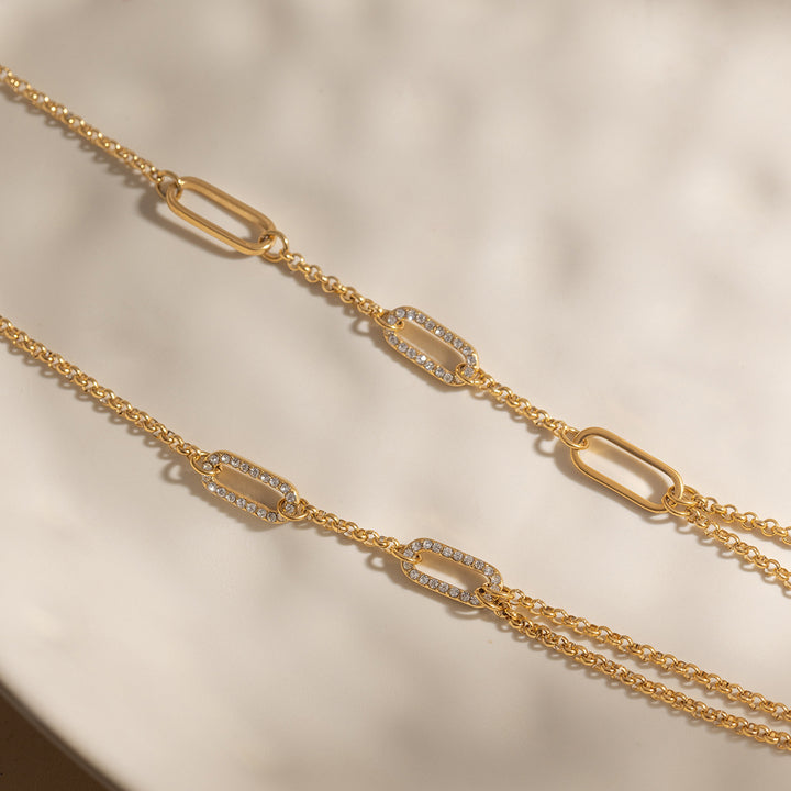 J&D 18K PVD Gold Plate Stainless Steel Necklace Classic White Rhinestone Hollow O-Shaped Chain Necklace