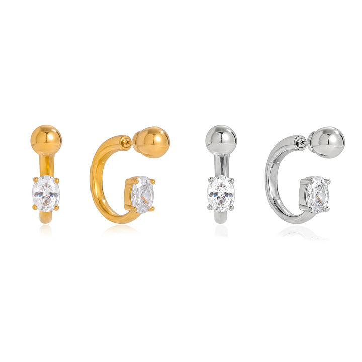J&D Elegant Silver Tone Oval CZ Huggie Hoops Stainless Steel Modern Geometric C Hoop Earrings for Women Everyday Jewelry
