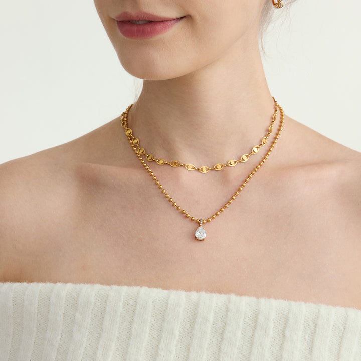 J&D Women Fashion Pendant Necklace 18K Gold Dainty Delicate White Zircon Bead Chain Ring Pendant Necklace