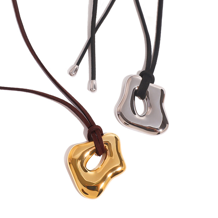 J&D 18k Stainless Steel Irregular Liquid Gloss Hollow Pendant Brown Velvet Necklace Unique Fashion 120cm