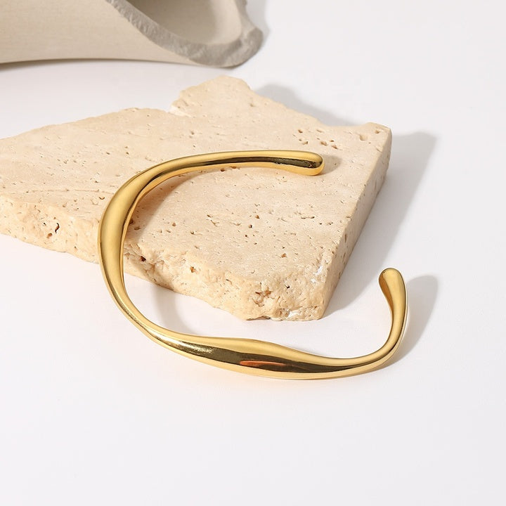 18K Gold and Silver Plated Water Wave Irregular Opening Stainless Steel Bangles Simple Style for Women