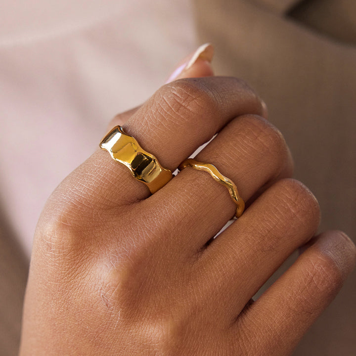 J&D 18K Stainless Steel Bezel Setting Minimalist Wave Ring Set-Pair of Gold Adjustable Open Bands
