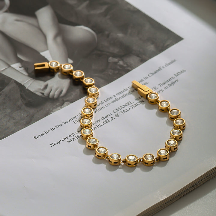 J&D 18K Gold Women's Tennis Bracelet Vintage Stainless Steel Zircon Fashion Jewelry for Anniversaries Bustling Simple Style