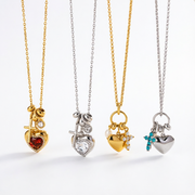 J&D Original Design 316L Stainless Steel Red Blue Zircon Heart Round Cross Pendant Charm Necklace Valentine's Day Gift