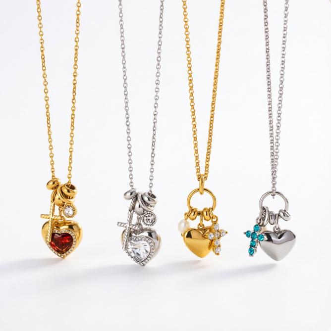 J&D Original Design 316L Stainless Steel Red Blue Zircon Heart Round Cross Pendant Charm Necklace Valentine's Day Gift