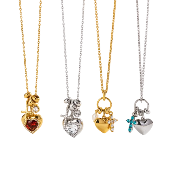 J&D Original Design 316L Stainless Steel Red Blue Zircon Heart Round Cross Pendant Charm Necklace Valentine's Day Gift