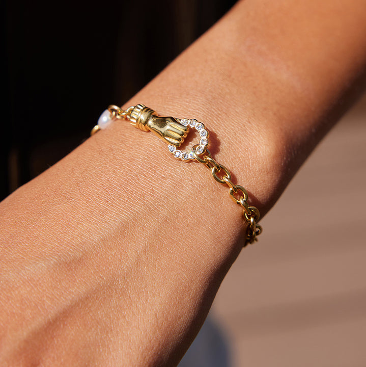 JD Sentimental Friendship Hand Bracelet for Women 18K Gold Plated with White CZ and Freshwater Pearls Emotional Healing Jewelry
