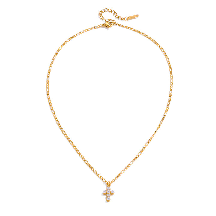 J&D Classic 18K Gold Stainless Steel Glass Pearl Small Cross Pendant Necklaces for Women