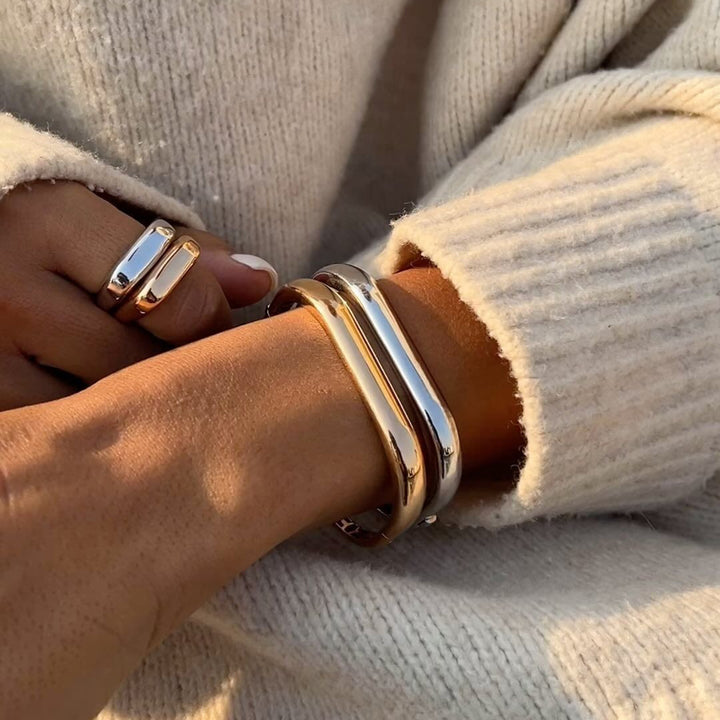 J&D 18K Gold Plated Stainless Steel Bracelet Jewelry Smooth Surface Clasp Square Medieval Bangle