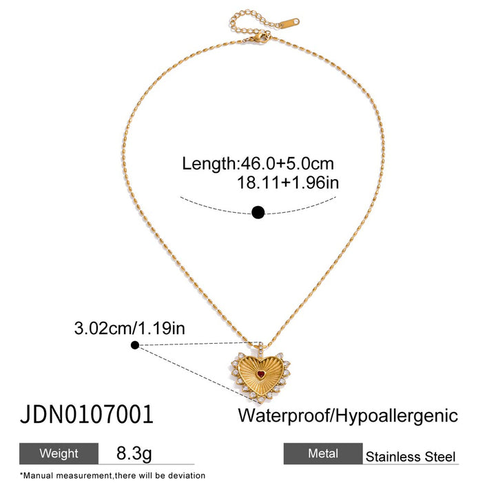 J&D Minimalist Classic Rib Heart Pendant 18K Gold Stainless Steel Fashionable White Red Rhinestone Rib Heart Necklace